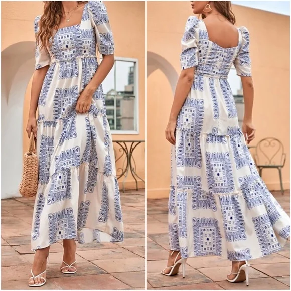 Boho Blue Puff Sleeve Maxi Dress Cottagecore - Picture 2 of 4